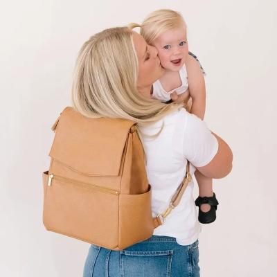 China Custom Classic Anti-theft Logo Women Mom Baby Nappy Diaper Bag Backpack Waterproof Vegan Brown Leather for sale