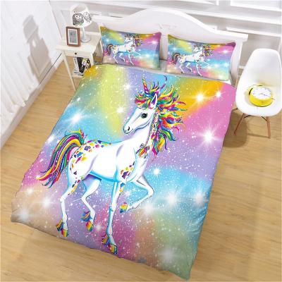 China Nondisposable 3D Cartoon Unicorn Pattern Duvet Cover Set Digital Printed Three Piece Bedding Set for sale