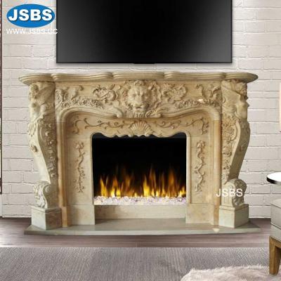 China China Factory Wholesale Price Minimalist Hand Carved Yellow Stone Antique Fireplace Mantels With Lion Head for sale