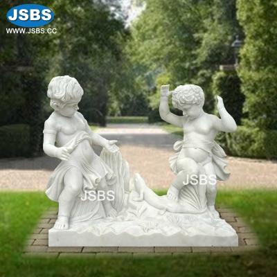 China Durable White Marble Stone Carved Nude Boy With Swan Garden Statues Sculpture for sale