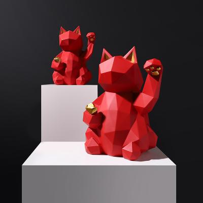 China Red White Geometric Customizable OEM Antique Imitation Fiberglass Modern Design Lucky Cat Sculpture for sale