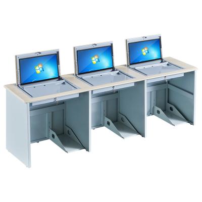 China Modern Audio Visual Steel Classroom Flip Top Computer Desk Table Three Persons Lockable Seats for sale