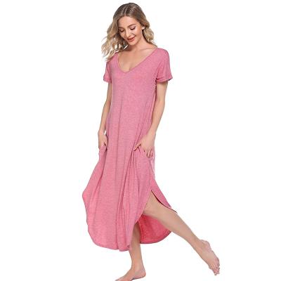 China Breathable Casual Short Sleeve V-Neck Women's Long Sleepwear Nightgown Plus Size One-Piece Pajamas for sale