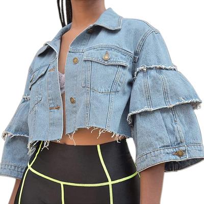 China Wholesale high quality Anti-wrinkle moq spring ruffle low blue cropped distressed denim jacket for sale