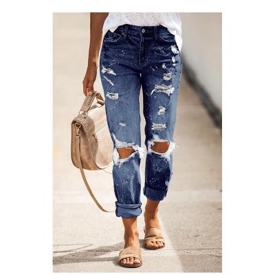 China Other European And American Stretch Wash Hole Pants Street Style Straight Denim Ripped Jeans Pants Women for sale