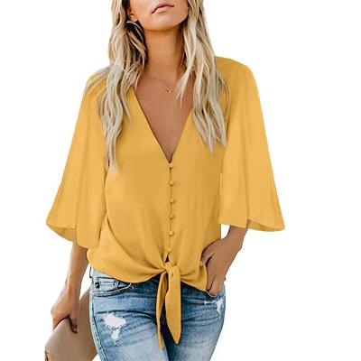 China Anti-pilling Women's V-Neck Ruffle 3/4 Sleeve Tie Knot Top Blouses Button Down Blouse 2021 Casual Wear Shirts for sale