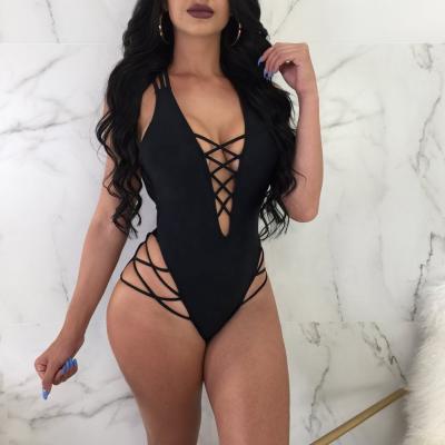 China OEM 2020 Wholesale Anti-UV Double Strap V Neck Cross Strap Bikini One Piece Swimsuit for sale