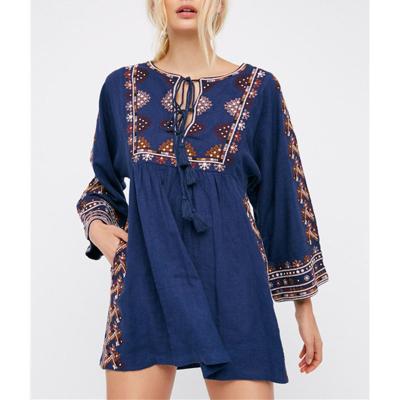 China Summer Clothing Women Beach Embroidery Canvas Bohemian Lace Anti-Static Wholesale Casual Boho Long Sleeve White Embroidered Mini Dress for sale