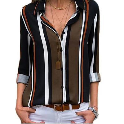 China Anti-pilling Women's V-Neckline Striped Roll Up Sleeve Button Down Blouse 2021 Main Blouses Ladies Summer for sale