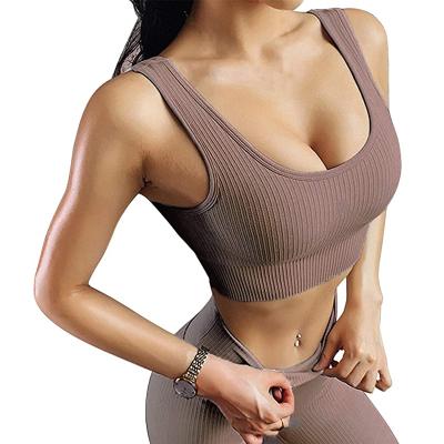 China Breathable Exercise Equipments For Women Two Pieces Ribbed Seamless Yoga Teams Ribbed Sports Bra Set for sale