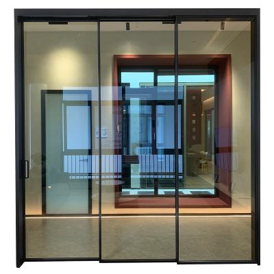 China Heat insulation 8mm tempered glass aluminum profile sliding door 16mm ultra-narrow bezel rail aluminum frame hanging glass door for sale