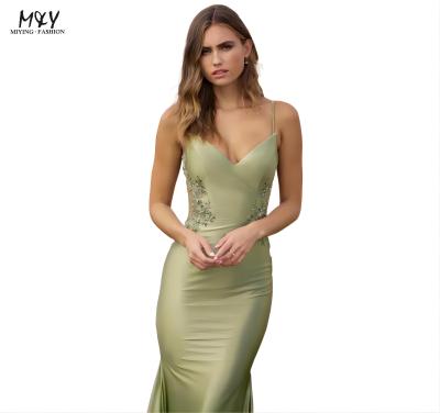 China High Quality Satin Embroidered Beaded Sling Wedding Evening Dress Ladies Elegant Formal Banquet prom Long Dress for sale