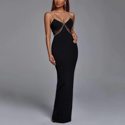 China Fashionable suspender with diamond mesh stitching backless party banquet dress elegant transparent women's maxi evening dresses for sale