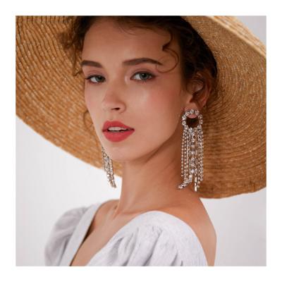 China Long western tassel earrings style female temperament exaggerated personality earrings 925 needle silver rhinestone for sale