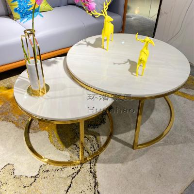 China Modern cheap modern adjustable stainless steel frame gold living room furniture home top round marble sectional coffee table set for sale