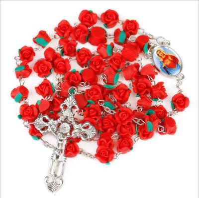 China Soft Clay + Religious Alloy 8MM Soft Clay Madonna Rose Rosary Necklace Jewelry for sale