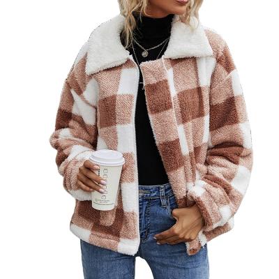 China Autumn And Winter Breathable Zipper Cardigan Lapel Plush Plaid Coat Female for sale