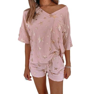 China New Summer Breathable Printing Short Sleeve Home Clothes Star Pajama Set for sale