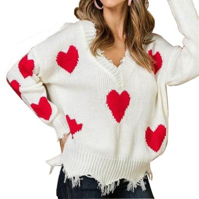 China 2021 Breathable Sweater Women's New Arrival Valentine's Day Loose Love Patchwork V-Neck Sweater for sale