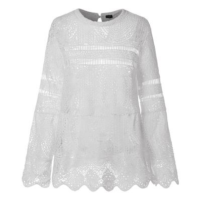 China Breathable Lace Fabric Turtle Neck Ladies Elegant White Blouse Long Sleeve for sale