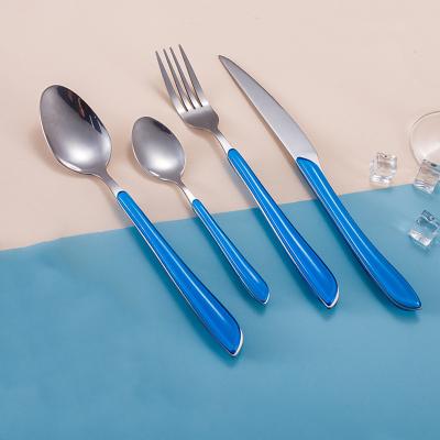 China Bulk 16pcs Viable Custom Flatware China Blue Dinner Spoon Knife Set Plastic Stainless Steel Camping Handle Cutlery Set for sale