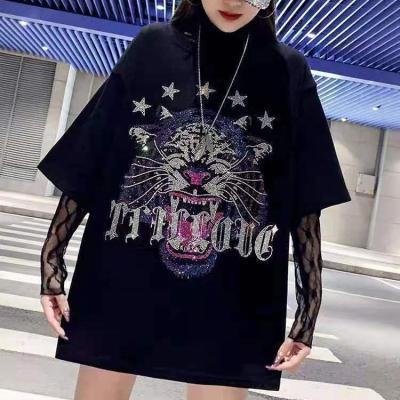 China 2021 new summer large women's wear medium long sleeve short women's T-shirt drill heavy industry breathable loose hot cartoon foreign style for sale