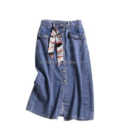 China Light Blue Washed Distressed Fringed Jean Skirt Mini Skirt Button Denim Skirt Women Summer Fashion Breathable Breathable for sale