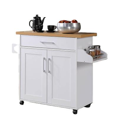 China (Height) adjustable kitchen island with spice rack, towel rack and drawer, white with beech top for sale