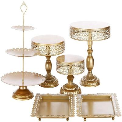 China 6pcs Metal Cake Viable Gold Stand Set Round Square Candy Fruit Display Dish Dessert Rack For Birthday Wedding Party Decoration for sale