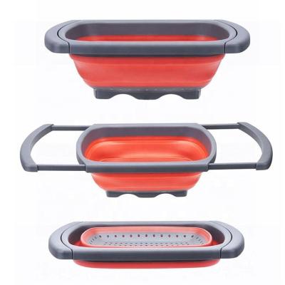 China Hot Selling Viable Rectangular Silicone Collapsible Strainers With Extendable Handles Collapsible Sink Drain Fruit Basket For Kitchen for sale