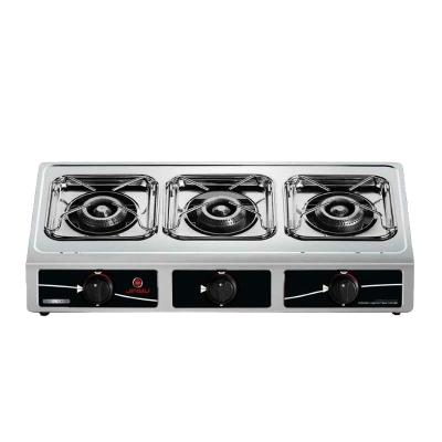 China Hotel Three Burners LPG Tabletop Cooktop Gas Stove with Stainless Steel Closed Burner, Cast Iron Material JINYU Auto Ignition for sale