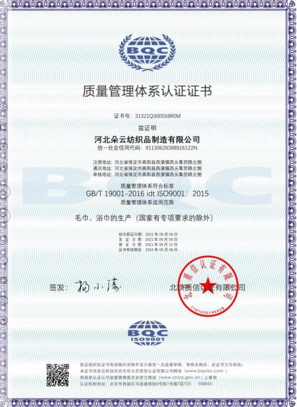 ISO9001 - Hebei Duoyun Textile Manufacturing Co., Ltd.