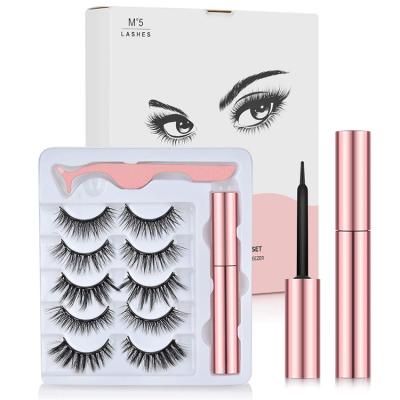 China Soft Natural The Most Popular 5 Pairs Reusable Waterproof Magnetic Eyelashes 3D Extension Natural Magnet False Eyelashes With Eyeliner for sale