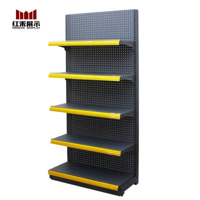 China Hong He Supermarket single-sided gondola return shelf punch hole board shelf color and size can be customized for sale