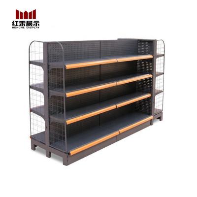 China Hong He High Quality Single Sided Double Sided Metallic Supermarket Racks Shelf Display for sale