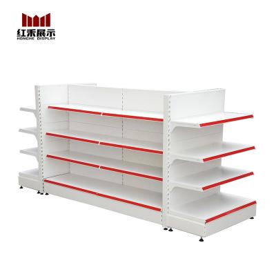 China Hong He Hot Selling New Design Metal Supermarket Shelf Metal Display Gondola Double Sided Supermarket Rack for sale