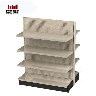 China Hong He Retail Store Fixtures Supermarket Double Sided Metal Shelving Island Gondola Starter Double Sided Unit for sale