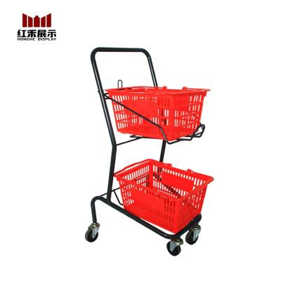 China Unfolding Hong He 2 Convenient Hypermarket Basket Trolley Metal Double Metal Shopping Cart Aluminum Trolley On Wheels With Plastic Baskets for sale