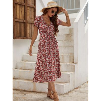 China Sleeve Ruffled Edge Floral Print Summer Surplice Casual Fresh Short Neck Maxi Dress For Beach Travel Anti-Static for sale