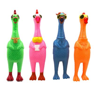 China Amazon Hot Sale OEM Screaming Yellow Rubber Chicken Pet Squeeze Pet Chew Custom Funny Rubber Squeals Interactive Toys 8.6*6.5*34cm for sale