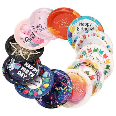 China Wholesale 7 Inch Color Happy Birthday Party Decoration Cake Paper Disposable Dinner Plate for sale