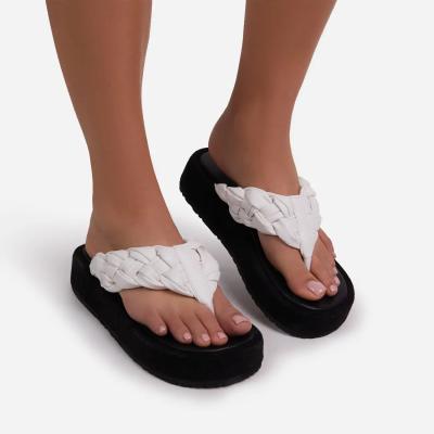 China 2021 Fashion Trend New Style Woven Soft Leather Thick Bottom Slides Sandals Slippers Summer Flip Flop Sandals Slippers Beach Shoes For Women for sale