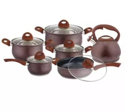 China Sustainable 15 Pcs Stainless Steel Cookware Set Best Selling Kitchenware Metal Marble Pot Pan With Glass for sale