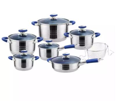 China Sustainable 13pcs Stainless Steel Soup Pot Cookware Set With Frying Pan With Glass-metal Handle Outer Setting for sale