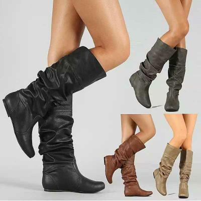 China Fashion Trend Winter Round Boots Women Casual Outdoor Waterproof Flat Heel Long Round Toe Knee High Boots Fashion for sale