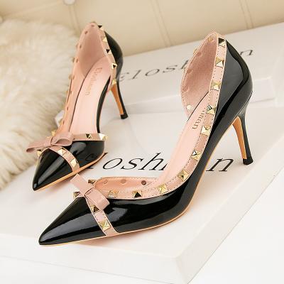 China Europe and America Sexy Fashions Waist Increasing Shallow Mouth Spike Heels Ladies Pumps Hollow Studded High Heels Pumps for sale