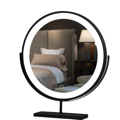 China Contemporary Round Black Desk Lighted Vanity Mirror Hollywood Makeup Led Mirror With Led Lights For Bedroom for sale