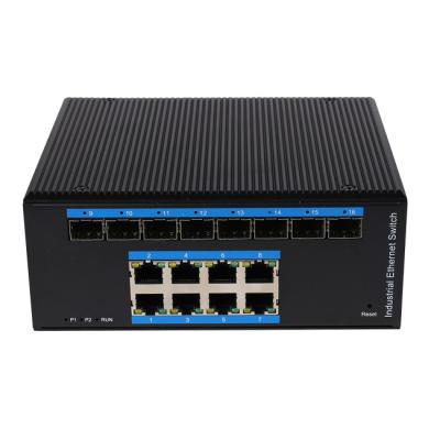 China LACP DC48V-57V 8*10/100/1000M Ports + 8 fiber port switch support IEEE802.3af/IEEE802.3at POE protocol switch for sale