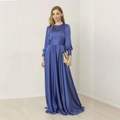 China 2022 New Satin Muslim Dress Pleated Puff Sleeves Plus Size Women's Prom Dress Modest Evening Dress for sale