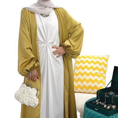 China Open Front Robe Kaftan Abaya Kimono Puff Sleeve Maxi Long Dress Muslim Women High Quality Solid Long Satin Abaya for sale